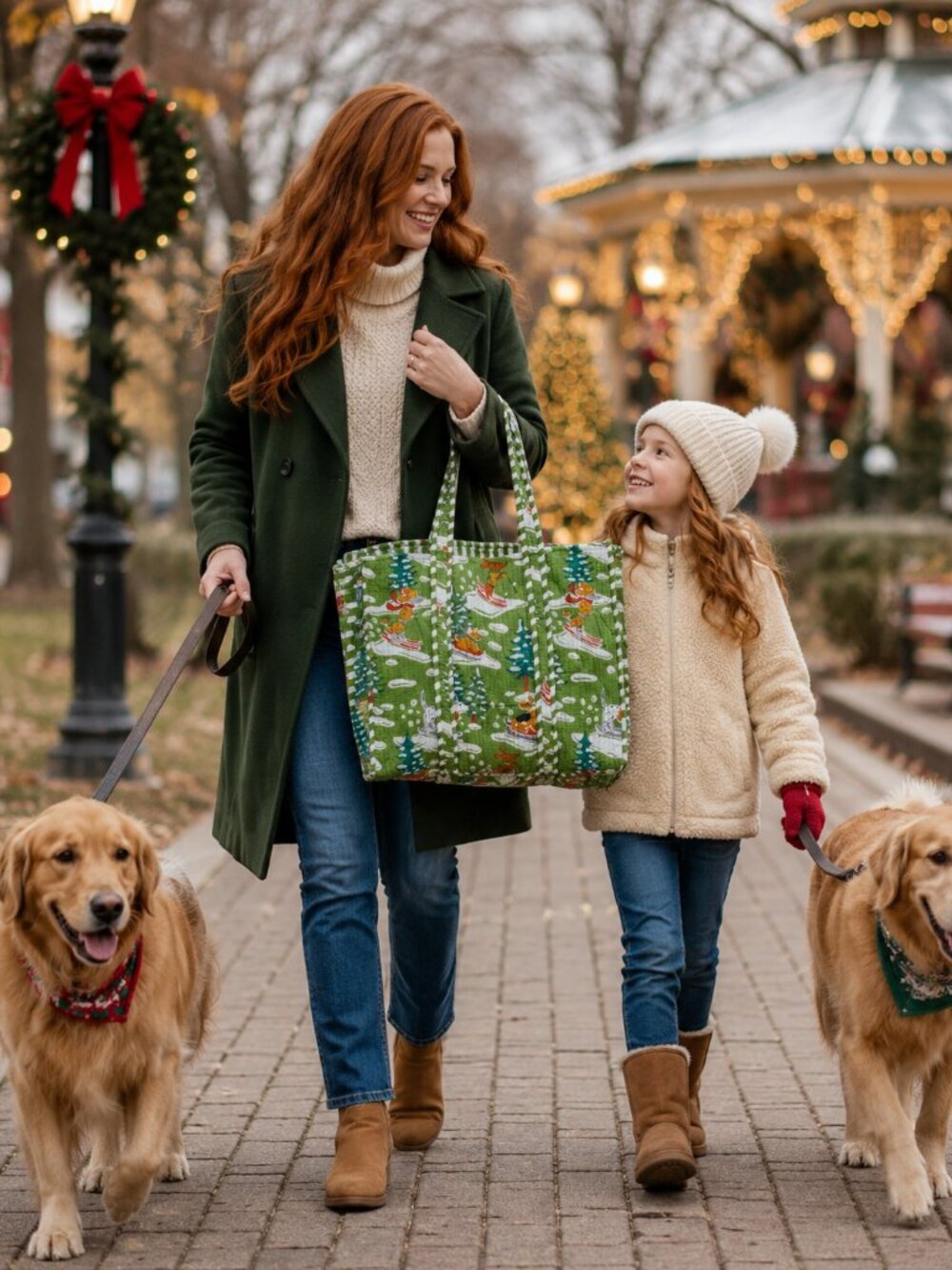 NWT - Samser Designs Reversible, Ribbed Green Sledding Dogs Tote